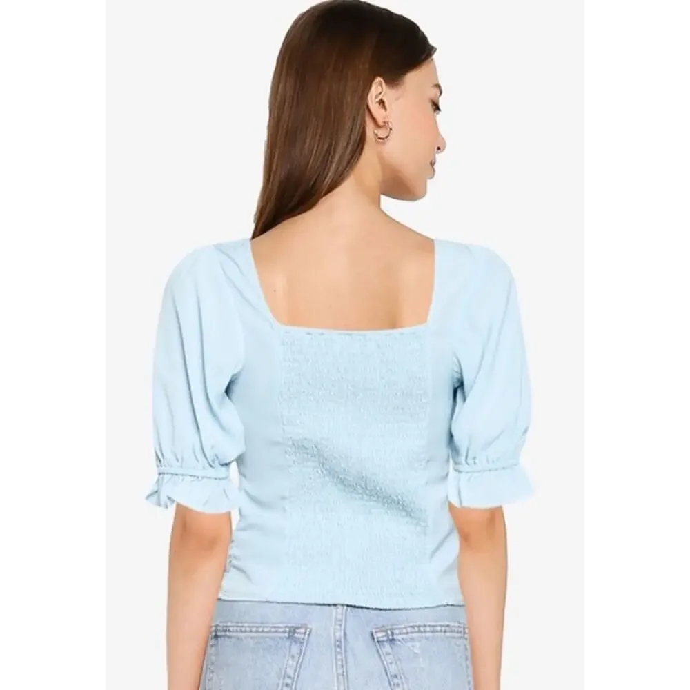 Abercrombie & Fitch Cinch Front Puff Sleeve Top V-Neck Ruffle Smocked Blouse